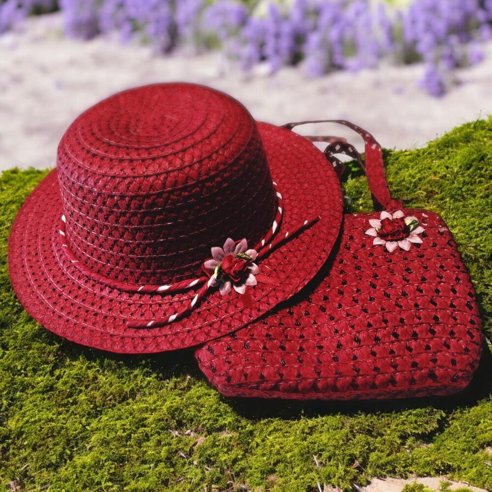 Girls Sun Hat And Purse Red Woven Straw With Spring Flower Details Dress Up
